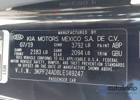 2020 Kia Forte Lxs from USA, damaged, VIN 3KPF24AD8LE149247